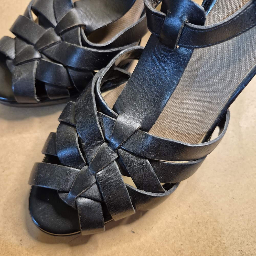 Black Woven Strappy Heels with Ankle Buckle - Women's Dress Sandals - Read - Picture 2 of 9